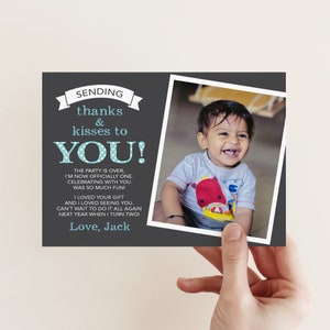 Boys First Birthday Thank you card (Digital File) - I customise for you to print. Blue Polka Dot Design. Personalised with Photo.