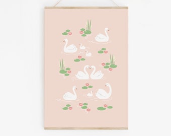 Pink Swan Art Print, Girls Swan Nursery Print, Girls Premium Art Print, Swans Swimming Amongst Lilly Pads, Cute Swan Wall Art