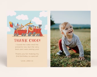 Animals Riding Train Thank You Card, Boys 2nd Birthday Thank You Card, Cute Train Thank You Card, African Animals on Train, Party Express