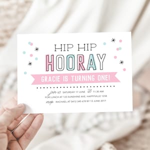 Girl&#39;s 1st Birthday Invitation, Hip Hip Hooray Confetti Kid&#39;s Birthday Invitation, Girl&#39;s 1st Birthday Party Invitation