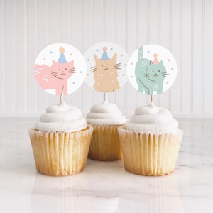 Regenbogen Katze Kuchentopper, Katzenparty Cupcake Topper, Runde DIY Katzen Topper, Katzengeburtstag Party Printables, Party Kätzchen 908