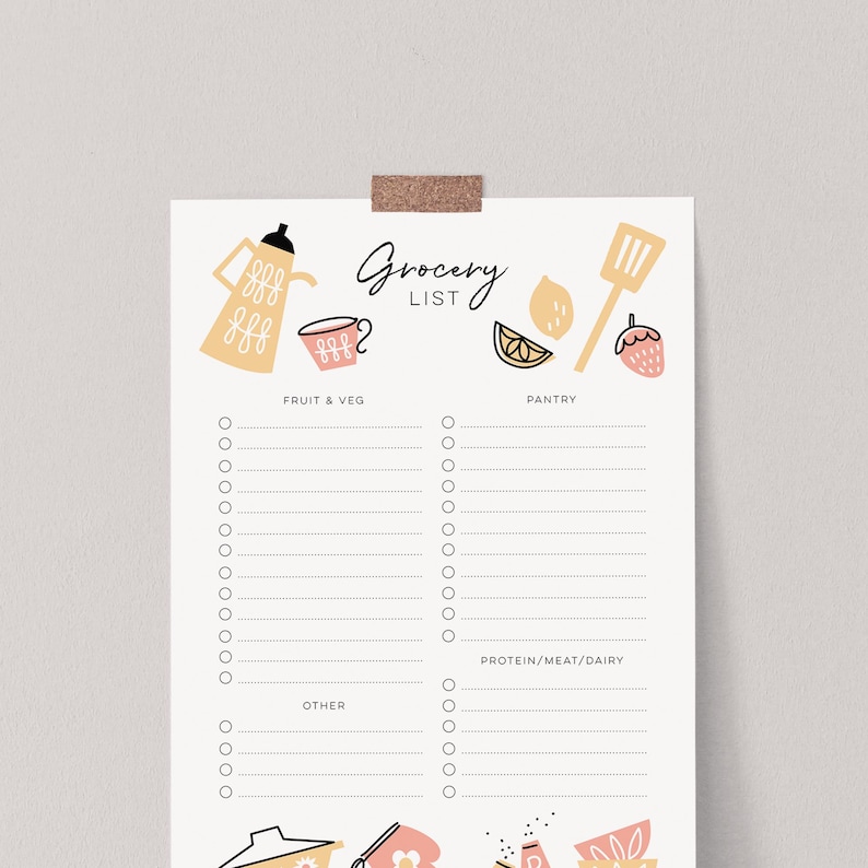 Downloadable Grocery List, retro inspired shopping list, midcentury, A4 and US Letter printable grocery list, Cute Kitchen illustration image 1