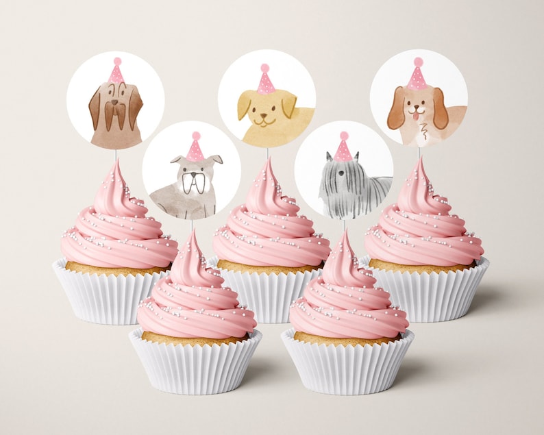 Hauts de forme de petit gâteau de thème de chien de filles, hauts de forme ronds de petit gâteau de partie de chiot de DIY, imprimables mignons d'anniversaire de chien 501 image 1