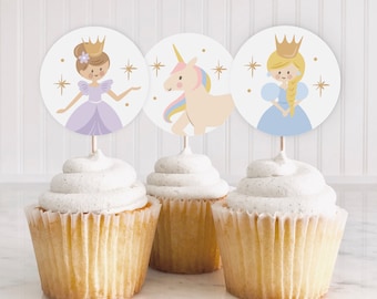 Instant Download Princess And Unicorn Cupcake Toppers, Princess Party Cake Topper, Girls Royal Birthday Party Cupcake Toppers, Princess 348