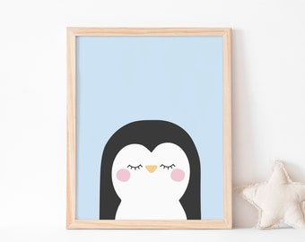 Blue penguin art print for children's room // Cute penguin illustration, Scandinavian inspired art print // sleeping penguin boys print