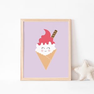 Süße Eistüte Print / Soft Serve Ice Cream / Eis mit niedlichem Gesicht Kunstdruck / Druck für Mädchenzimmer / Erdbeer Topping Eis