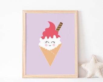 Cute Ice Cream Cone Print / Soft Serve Ice Cream / Ice Cream with cute face art print / Print for Girl's Room / Strawberry Topping Ice Cream