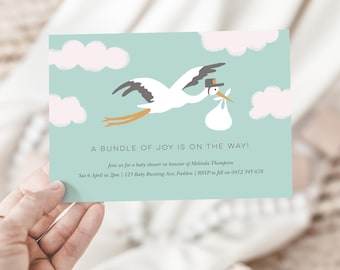 Modèle d'invitation de baby shower cigogne : non sexiste, modifiable (numérique)