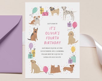 Girls Editable Dog Invitation, Editable Puppy Party Invitation, Girl Dog Invitation Template, Colourful Puppy Invitation, Paw-ty Pups 769