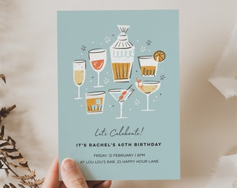 Editable Cocktail Party Invitation, Mid Century Invitation Template, Retro Birthday Invitation For Her, Digital Cocktail Invitation, 40th