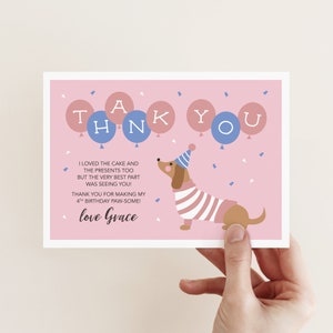 Teckel hond Kids Bedankkaart voor verjaardag - elke leeftijd! Meisjes Worst Hond 1e, 2e, 3e, 4e verjaardag Bedankkaart / Hond/Puppy Thema