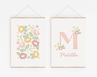 Girls Floral Initial Print, Girls Name Art Print, Set of 2 Girls Nursery Print, Monogram Girls Art Print, Colourful and modern Girls Art