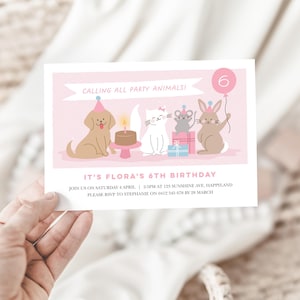Editable Puppy, Kitty, Bunny Birthday Invitation: Girls Party Animal Invite (Digital file) Calling All Party Animals