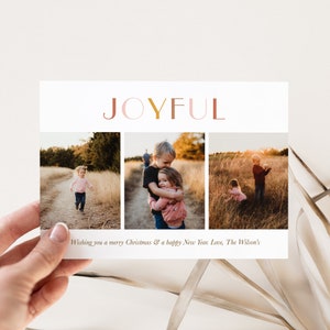 Joyful 3 Foto Weihnachtskarte, Moderne Weihnachtskartenvorlage, Bearbeitbare Foto Weihnachtskarte, Trendige Weihnachtskarte, Digitale Weihnachtskarte Corjl