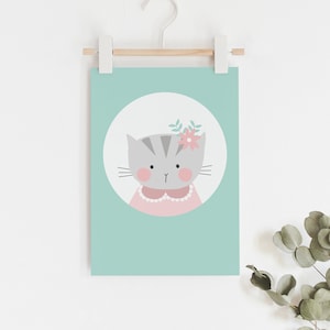 Girls art print Cute kitty cat with flower in hair, Miss Kitty // kids room illustrated wall art print // Girl&#39;s room decor wall print