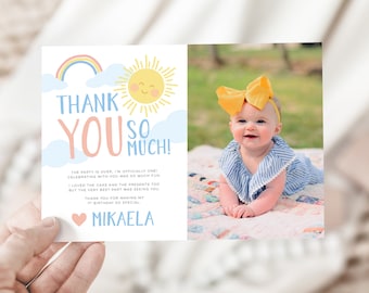 Sunshine 1st Birthday Photo Thank You Card / Rainbow 1st Birthday Thank You Card / for any age! Kid's first birthday Printable Photo Card