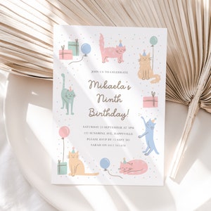 Modèle d'Invitation chat, Faire-part chat modifiable filles, Faire-part d'anniversaire chat arc-en-ciel, Faire-part de fête chaton, Party Kitties 908