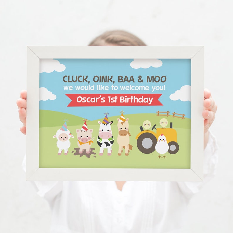 horse Farm animal welcome sign for kids birthday party barnyard bash 1st birthday party kids party pig cow and chickens party sheep