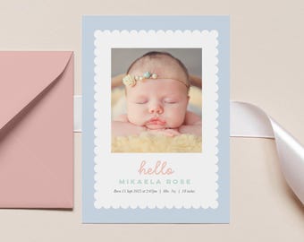 Scalloped Pastel Birth Announcement Template (Digital File) Modern Newborn Girl Photo Thank You Card