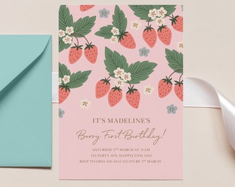 Berry First Strawberry Invitation, Strawberry Invitation Template, Berry Sweet Birthday Invitation, 1st Birthday, Berry Sweet Strawberry 890