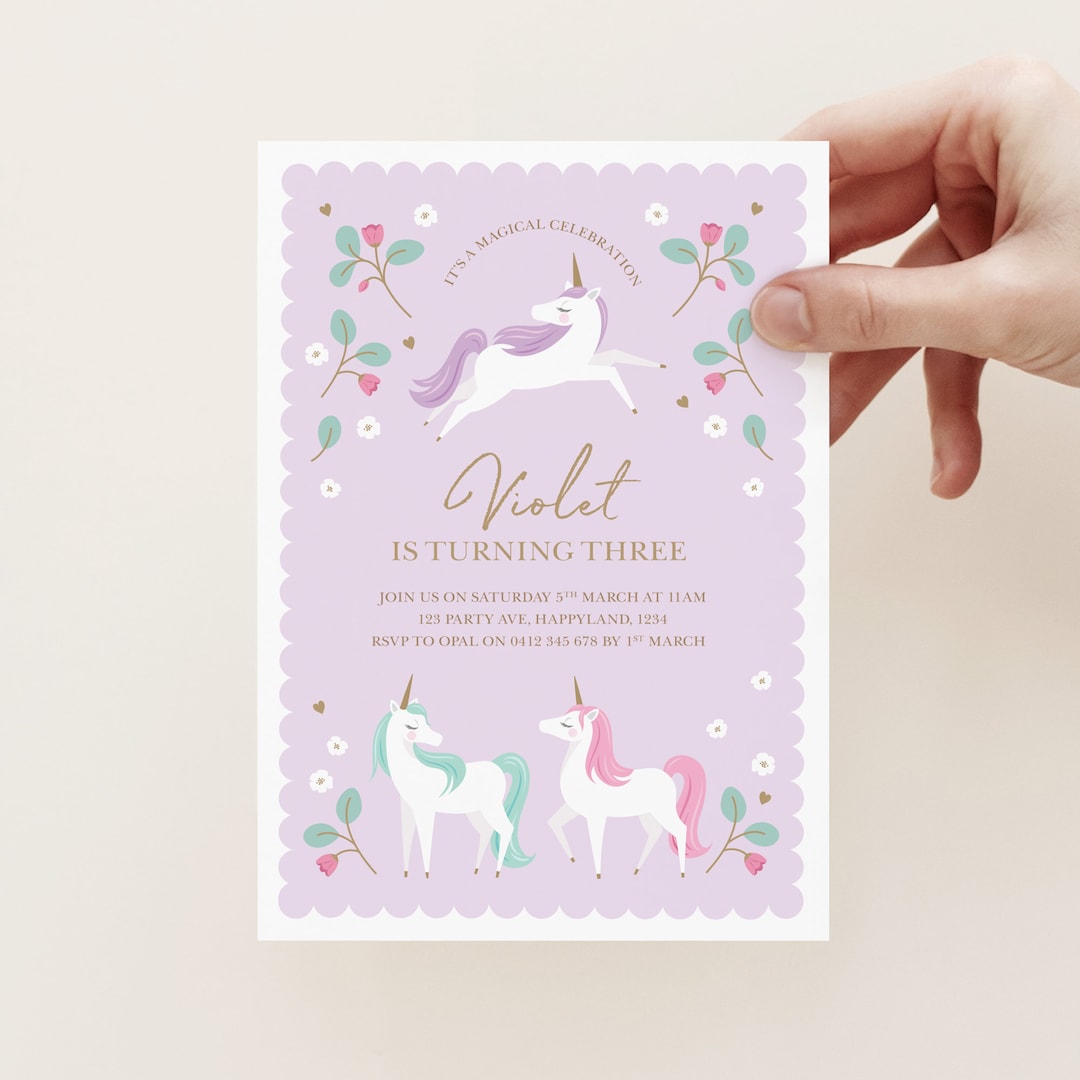 Purple Unicorn Invitation Template, Floral Unicorn Invitation, Unicorn