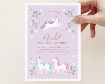 Purple Unicorn Invitation Template, Floral Unicorn Invitation, Unicorn Birthday Party, Rainbow Unicorn, Digital Unicorn Invitation 713