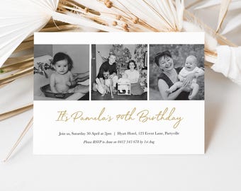 May include: A white invitation card with three black and white photos and gold text. The text reads "It's Pamela's 70th Birthday" and includes event details. Dried flowers and foliage are in the background.