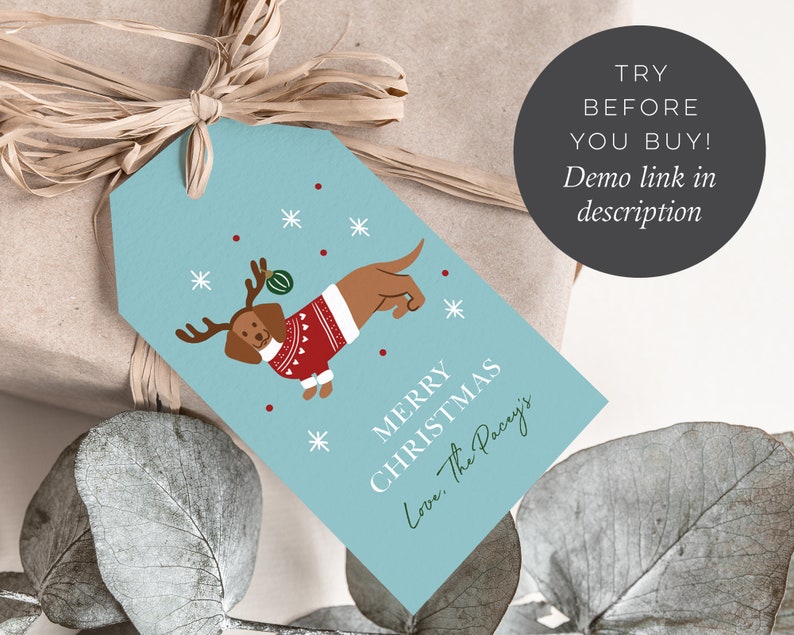 Christmas Dachshund Gift Tag, Personalised Dog Christmas Gift Tag, Kids Christmas Tag Template, Tan Dachshund, Cute Christmas Gift Tag zdjęcie 3