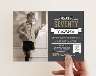 Cheers to 70 years! Mens 70th Birthday Invitation - for any age! seventy Birthday Invite // Vintage Chalkboard style. Invitation for Men.