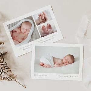 Faire-part de naissance minimal modifiable, faire-part de naissance simple, carte de remerciement avec photo pour nouveau-né, modèle de faire-part de naissance sans distinction de sexe