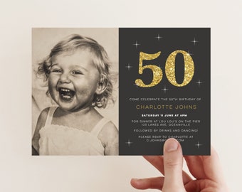 Black and gold 50th birthday invitation with photo and back design // 50th birthday invite, 60th 70th 80th birthday party invitation