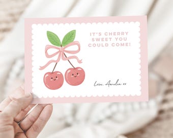 Digital Cherry Sweet Thank You Card (Editable Template) Cherries With Pink Bow