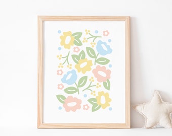 Girls Floral Art Print in Pastel Pink, Blue, Green and Yellow, Pretty Illustrated Flowers, Baby Girl Nursery Art, Premium Printed Art Prints