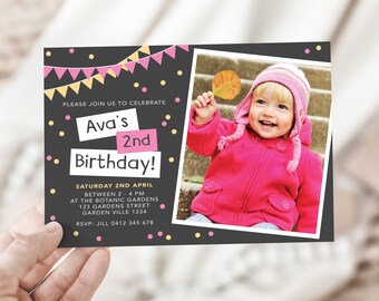 Girls 2nd birthday invitation, girls 2nd birthday Digital Invitation, Kids text Invitation, chalkboard style girls birthday invitation card