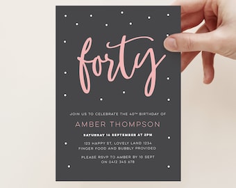 40th birthday invitation for you to print yourself! Pink and black modern 40th birthday invitation for her