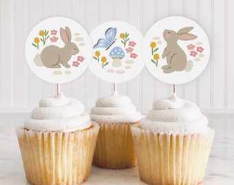 Instant Download Bunny Rabbit Cupcake Toppers, Printable Bunny Toppers, Some Bunny Birthday Party, DIY Round Toppers, Field Of Bunnies