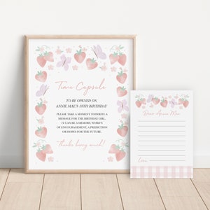 Editable Strawberry Time Capsule, Strawberry And Butterfly Time Capsule, Girls Berry First Birthday, Gingham And Strawberries 908