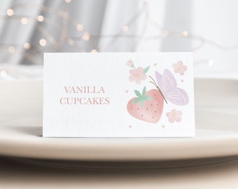 Strawberry And Butterfly Place Cards, Editable Strawberry Food Tents, Berry First Birthday Place Cards, Gingham And Strawberries 908