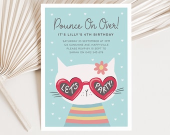 Faire-part d'anniversaire chat fille, faire-part de fête chat modifiable, modèle d'Invitation chaton, invitation anniversaire fille, permet de faire la fête Kitty 340