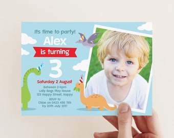 Dinosaur Birthday Invitation With Photo, Cute 3rd Birthday Illustrated Dinosaur Birthday Party Invitation, Any Age Dinosaur Theme
