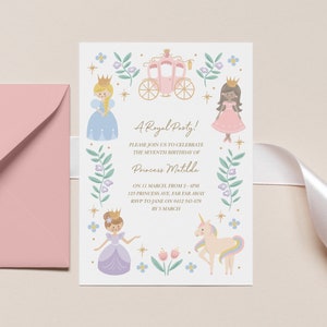 Modelo de convite de princesa, convite de princesa editável, convite de princesa mágica e unicórnio, convite digital, princesa 348