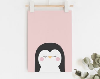 Pink penguin art print for children's room // Cute penguin illustration, Scandinavian inspired art print // sleeping penguin girls print