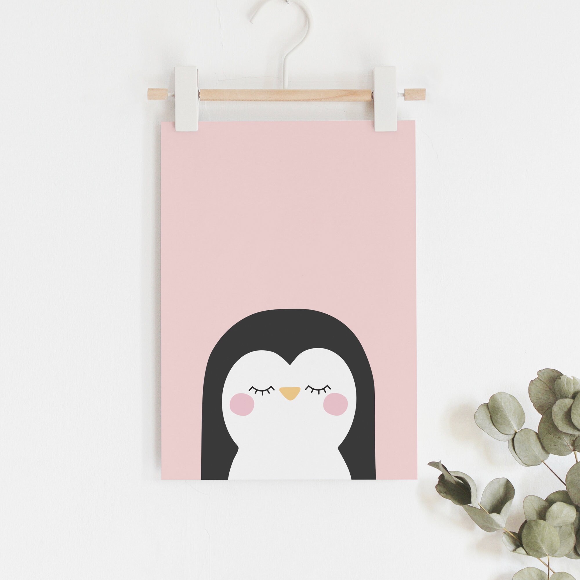 Pink penguin art print for children's room // Cute penguin illustration, Scandinavian inspired art print // sleeping penguin girls print