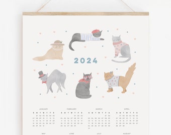 Cats Wearing Clothes 2024 Calendar, Watercolour Cat Calendar, Gift for Cat Lover, Printed Cat Calendar, Christmas Gift for Her, Quirky Gift