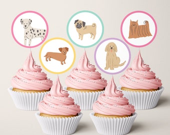 Girls Dog Cupcake Toppers, Round Puppy Cupcake Toppers, Girls Puppy Dog Birthday Party, Digital Dog Cupcake Toppers, Paw-ty Pups 769