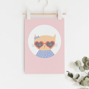Cat art print Cute kitty cat with heart sunglasses on // kids room illustrated wall art print // Girl&#39;s room decor wall print