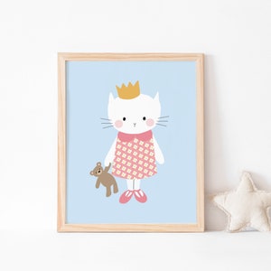 Cute kitty cat art print holding teddy bear // kids room illustrated wall art print // cute white kitten wearing retro floral dress