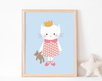 Cute kitty cat art print holding teddy bear // kids room illustrated wall art print // cute white kitten wearing retro floral dress