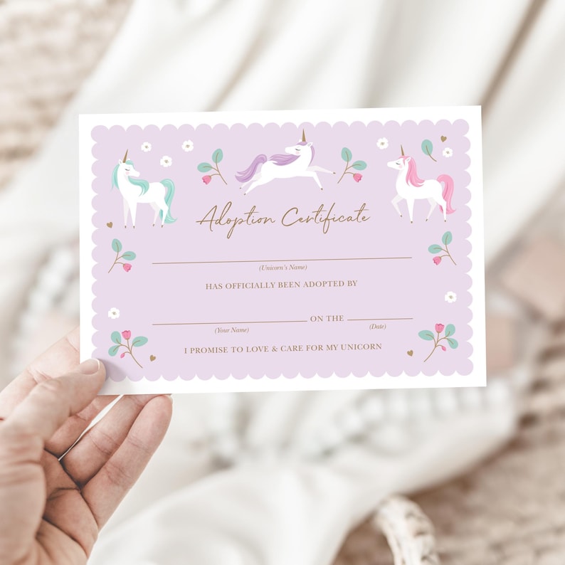 Editable Unicorn Adoption Certificate: Girl's Party Game (digital ...