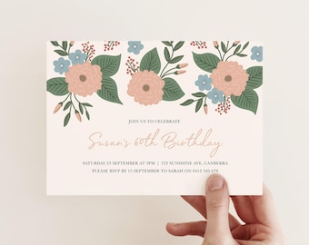 Floral 60th Birthday Invitation Template: Editable Photo Invite